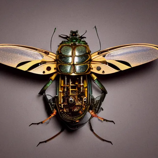 Prompt: Picture of a mechanical steampunk cicada, top view, ultrarealistic, 8k, photography, DSLR