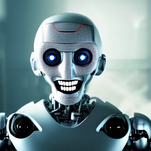 Prompt: evil artificial super intelligence robot smiling after taking over the world, looking at the camera