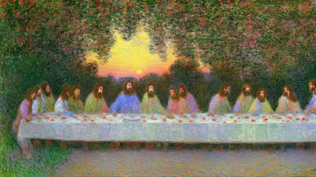 Prompt: the last supper claude monet, flowers, scenery, outside, grass, colorful, pastel, sunset, digital art.