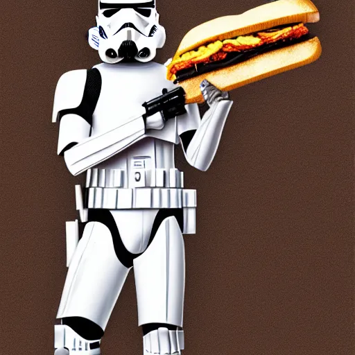 Prompt: detailed portrait of a storm trooper holding a long sandwich, extremely detailed and intricate, 8 k illustration