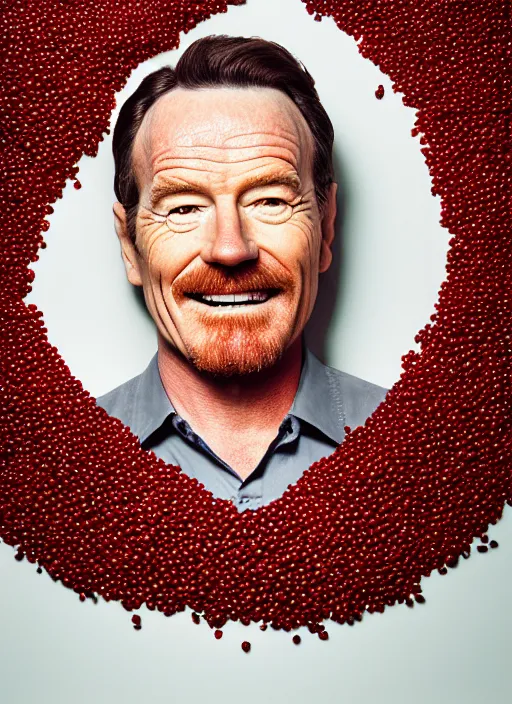 Image similar to closeup portrait of bryan cranston happy face surrounded by cranberries, food photography, natural light, sharp, detailed face, magazine, press, photo, steve mccurry, david lazar, canon, nikon, focus