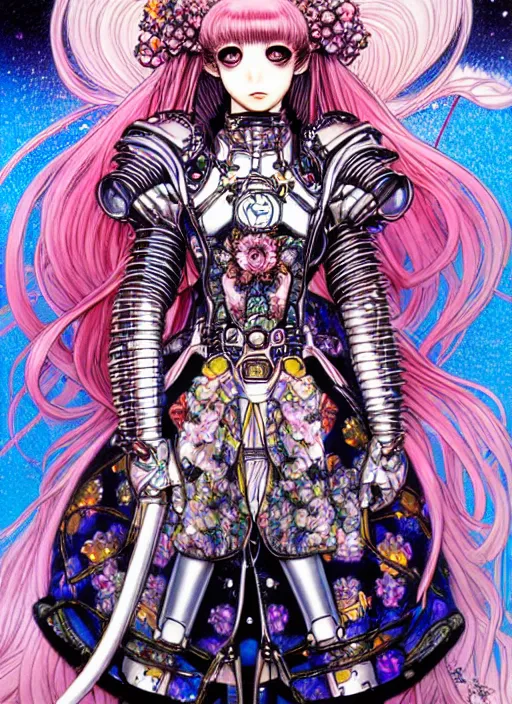 Image similar to highly detailed terada katsuya ayami kojima atrstation manga poster of princess mechine, rainbow gradient reflection, cute face by artgerm, long hair, armor, dress, laces, ruffles, 8 k, maximalist, jump comics