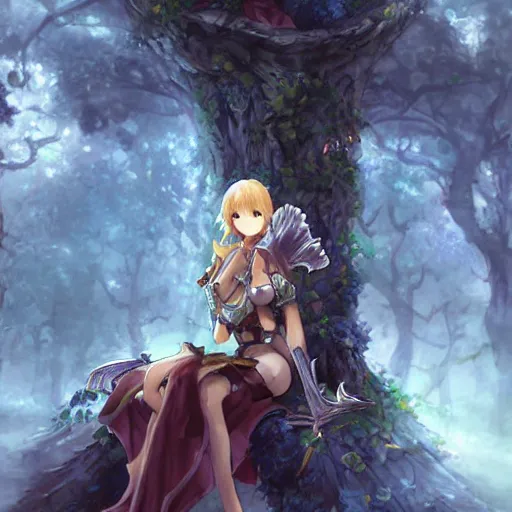 Prompt: a female knight resting in a glade, vanillaware artwork, dragon's crown concept art