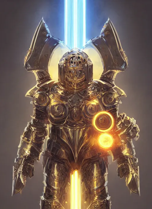 Prompt: dynamic attack position abstract portrait of a intricate glorious holy mechanical warforged character in yellow armor holding a paladin engraved great longsword drawn and carrying a big paladin shield, beam from eye , face in focus, epic , trending on ArtStation, masterpiece, cinematic lighting, by Ross Tran and by Greg Rutkowski