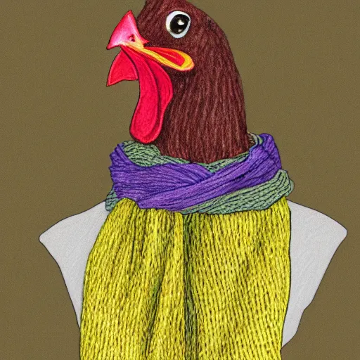 Prompt: A chicken knitting a scarf, color drawing