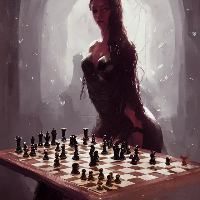 Prompt: a painting of a queen in a chess board by greg rutkowski, dark fantasy art, high detail, trending on artstation