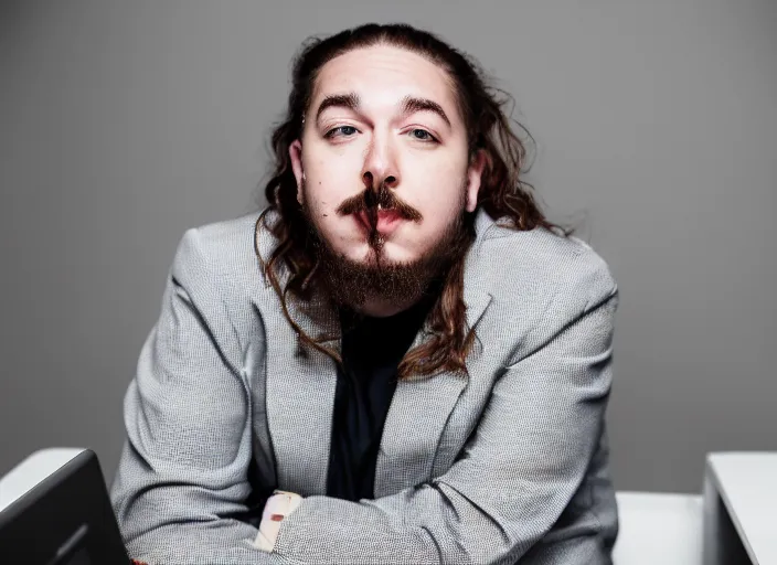 Image similar to dslr photo still of post malone as a stock broker, 8 k, 8 5 mm f 1 6