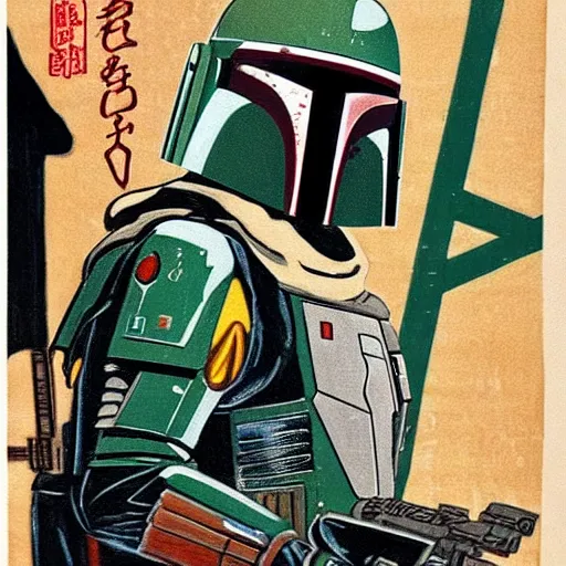 Image similar to boba fett at a cantina, ukio-e artstyle