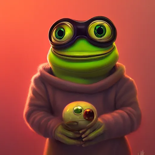 Prompt: portrait of the real life Pepe the Frog, expressive pose, futuristic, highly detailed, digital painting, artstation, concept art, smooth, sharp focus, dramatic light, studio light, by Daniela Uhlig