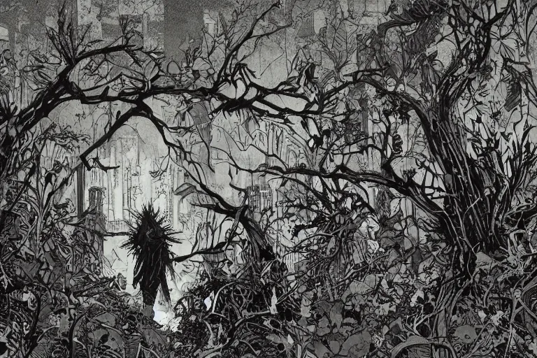 Prompt: abandoned overgrown graveyard, shadowy figures, spiny giant plants bursting through them, surreal, very coherent, intricate design, painting by Laurie Greasley, part by Yoji Shinkawa, part by Norman Rockwell