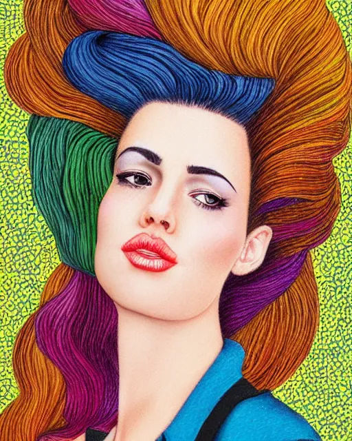 Prompt: a young woman with an extravagant hair style, colored pencil highly realistic rendering graphic collage in the style of Erica Rose Levine