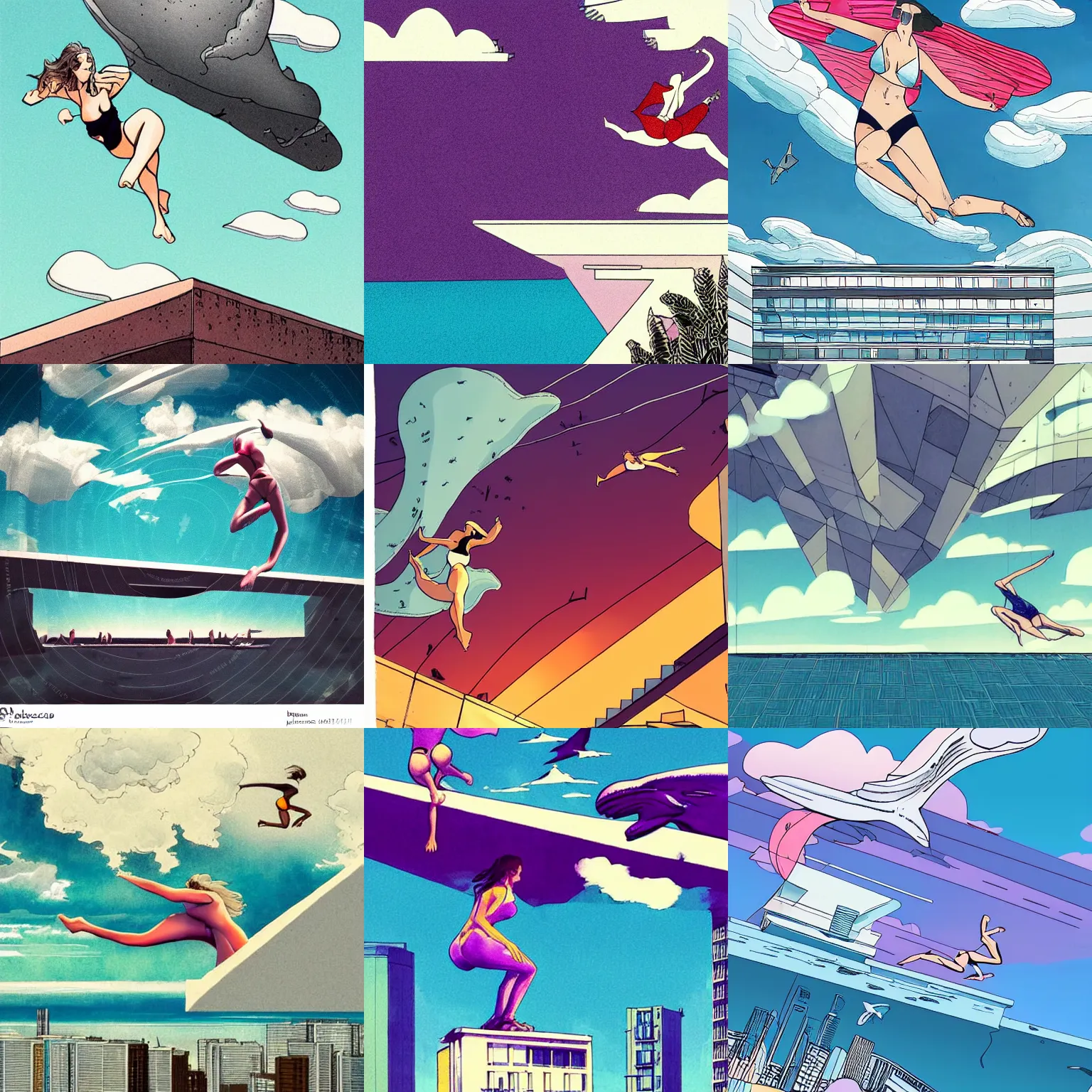 Prompt: urban brutalist flying white architecture with beautiful clouds, digital illustration, bright color palette, style by moebius, beautiful woman in bikini jumping into cantilevered pool, flying whales through colorful clouds
