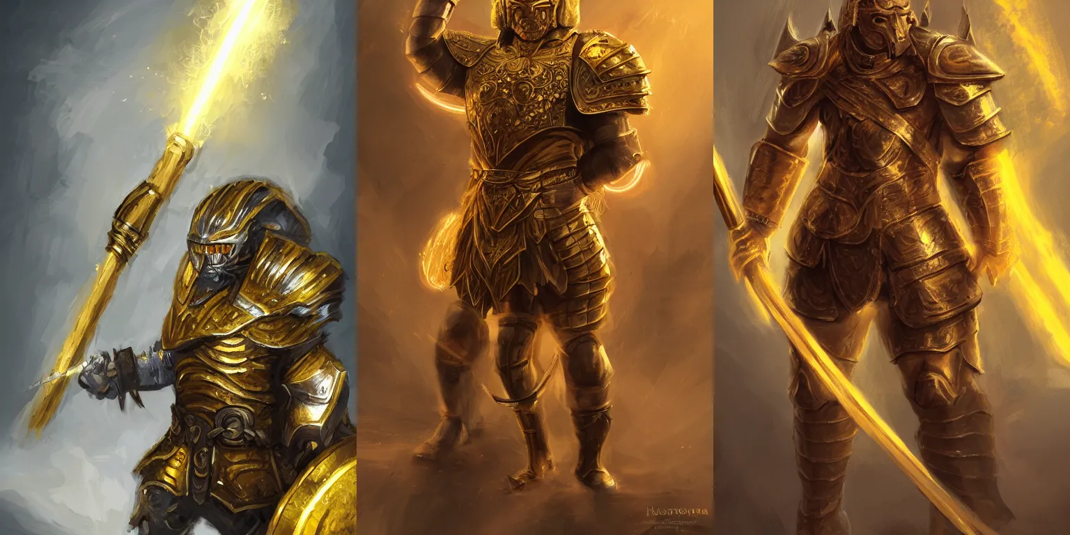 Prompt: Half-length portrait of a buff warrior in gold heavy armor,. Wearing huge hammer. Lighting, yellow flash, bloom. High fantasy, digital painting, HD, 4k, highly detailed.