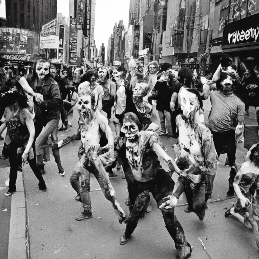 Prompt: radioactive zombies staggering in new york city street, 1970s, 35mm film look, Kodak Portra 400, 8k, vintage color polaroid