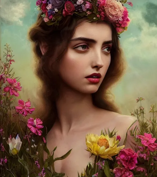 Image similar to portrait of ana de armas in 3 0 s, surrounded by flowers by karol bak, james jean, tom bagshaw, rococo, trending on artstation, cinematic lighting, hyper realism, octane render, 8 k, hyper detailed