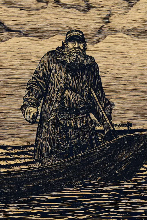 Prompt: a beautiful wood engraving on paper of an old fisherman, 8 k, frostbite 3 engine, cryengine, dof, trending on artstation, digital art, crepuscular ray