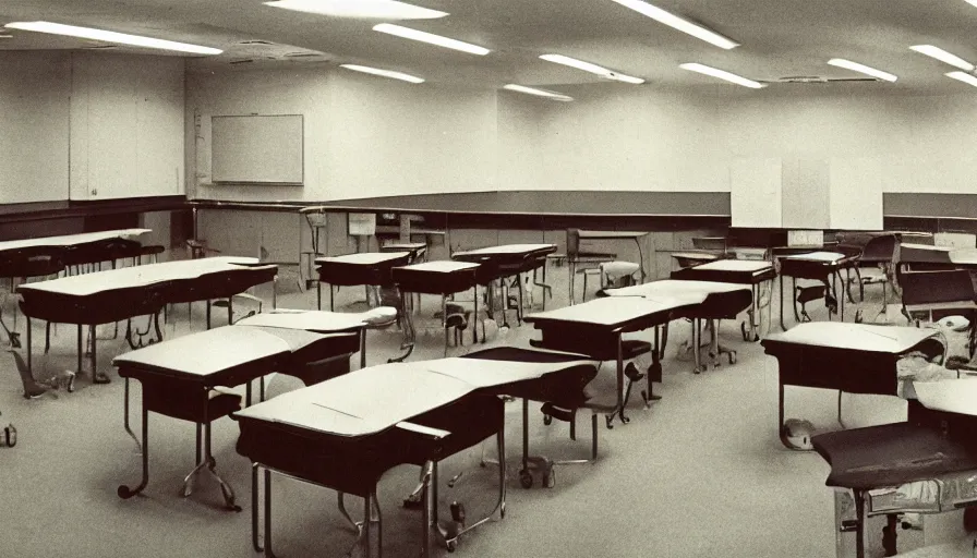 Prompt: a vintage photo of an empty never - ending continuous perpetual classroom, kodachrome, cinecolor, film grain, film texture, retro, cinematic, high resolution, photorealism,