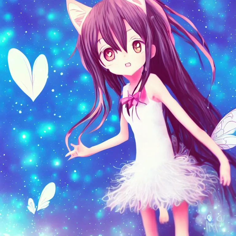 Image similar to cute, full body, female, anime style, a cat girl with fairy wings, large eyes, beautiful lighting, sharp focus, simple background, creative, heart effects, filters applied, illustration