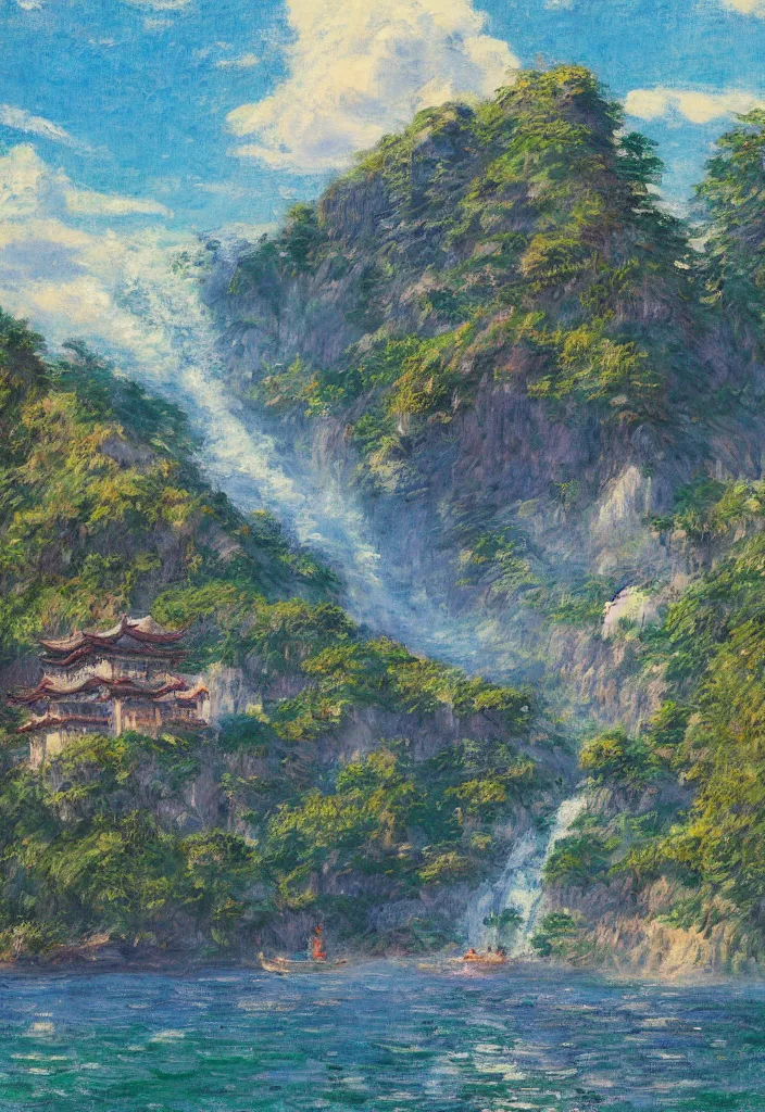 Prompt: tiny king in front of a japanese city in the mountain surrounded by waterfall. cyberpunk, boats flying. beautiful blue sky. gorgeous epic nature, lofi, vivid colors, amazing light, by jeremy lipkin, by claude monet, heavily inspired by makoto shinkai, inspired by ghibli, masterpiece, multiple brush strokes, impressionist style