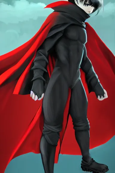 Image similar to little boy with cat ears in an black outfit with red cape. digital painting made by lois van baarle and kentaro miura and marc simonetti, sharpness focus, inspired by hirohiko araki, anatomically correct, heroic composition, hero pose, smooth