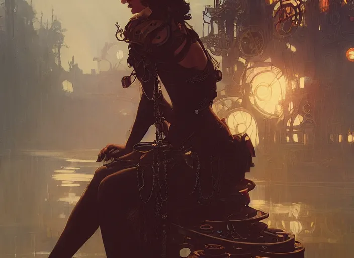 Image similar to woman model, steampunk!!! and modern, rgb, lake, backlit, elegant, highly detailed, digital painting, artstation, concept art, smooth, sharp focus, illustration, art by krenz cushart and artem demura and alphonse mucha