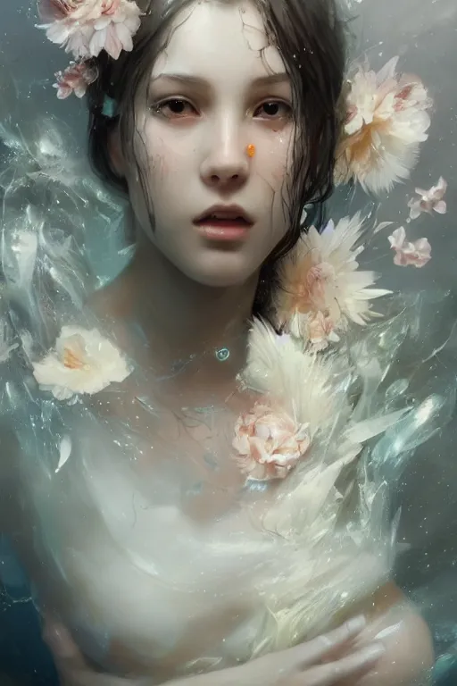 Image similar to face closeup a young beautiful girl drowned in water exploding into electricity, wearing crystal white feathers, 3 d render, hyper realistic detailed portrait, holding magic flowers, ruan jia, wlop. scifi, fantasy, hyper detailed, octane render, concept art, by peter mohrbacher, by wlop, by ruan jia