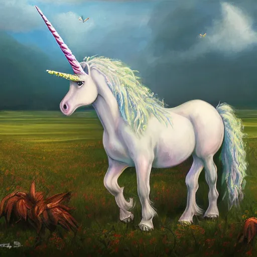 Image similar to an unicorn with wings eating in a field of marijuana, oil painting, fantasy art, concept art, highly detailed, high quality, 8 k, masterpiece