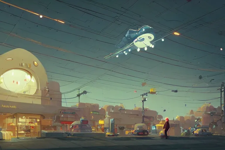 Image similar to A spaceship hovering over a doughnut shop, zapping the paper bags out of each customer's hands as they leave, mystical, intricate, by by Goro Fujita and Simon Stalenhag, and Adrian Ghenie