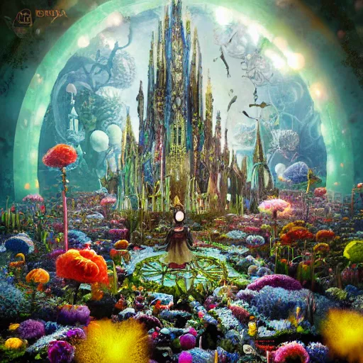 Prompt: a centered render of intricate modular synthesizer of alice in wonderland, shining its light across a tumultuous sea of flowers, undersea animals and gothic crystal church and mutant robots and vintage house tunnels by dorothea tanning and salvador dali, trending on artstation, cyber punk, high contrast, unreal engine, high detailed, 8 k