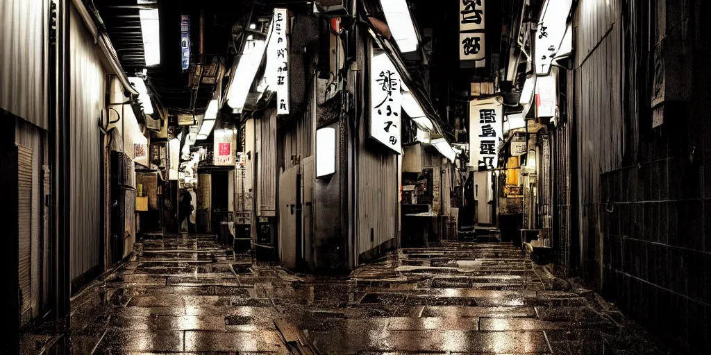 Image similar to quiet tokyo alley at night, raining, dim volumetric lighting, hdr, postprocessing, hyperdetailed, intricate, epic composition, cinematic lighting, masterpiece, street photography