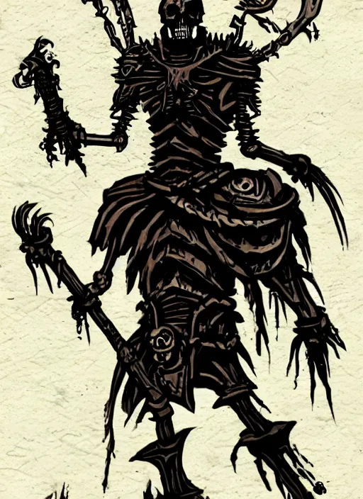 Image similar to concept art of a simple skeleton warrior in darkest dungeon, highly detailed, dark atmosphere, cosmic horror, body horror, lovecraft mythos, key character poster