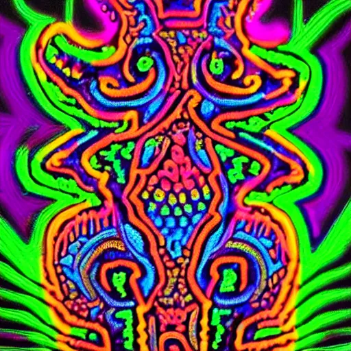 Prompt: trippy neon huichol art design of an axolotl