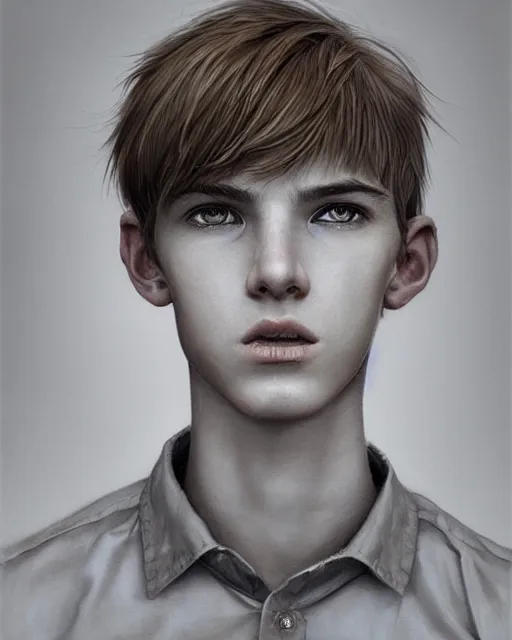 Image similar to portrait of 1 5 - year - old boy, a tall, slender boy with a pale, pointed face, white - blond hair, cold grey eyes, wearing in shirt hyper realistic face, beautiful eyes, fantasy art, in the style of greg rutkowski, intricate, hyper detailed, smooth