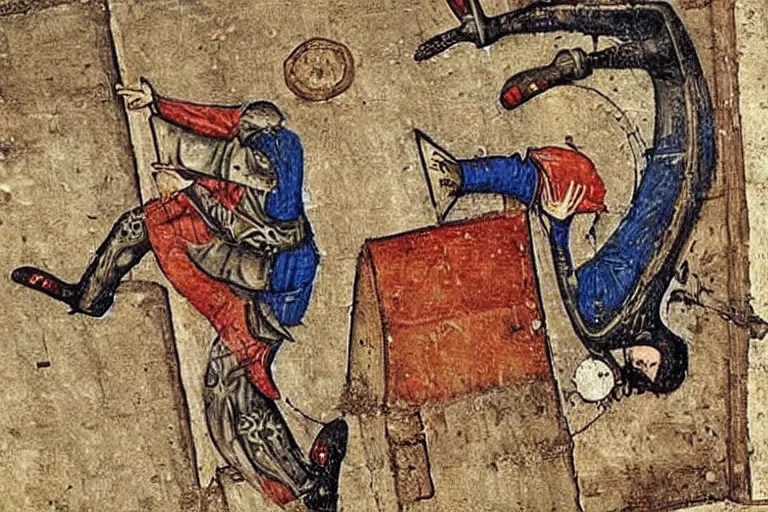 Image similar to tony hawk doing a kickflip, medieval art