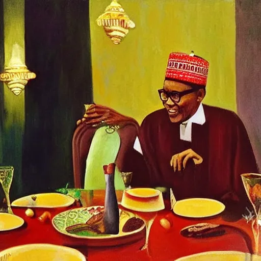 Image similar to president buhari eating at a regal buffet ultra detailed beautiful setting elegant event nigerian party minimalist gold ornaments iridescent lighting glamour in the style of edward hooper and henri matisse yinka shonibare oil painting