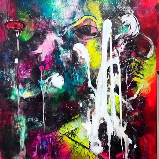 Image similar to “ a portrait in a female art student ’ s apartment, magic mushrooms, sensual, art supplies, a candle dripping white wax, berry juice drips, acrylic and spray paint and oilstick on canvas, surrealism, neoexpressionism ”