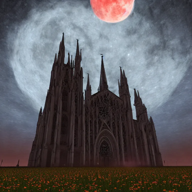 Image similar to A Gothic cathedral in a field of flowers, A huge red moon shines over the earth.highly realistic, hyper detailed,cinematic,4k,digital art,unreal engine 5,by gustav doré