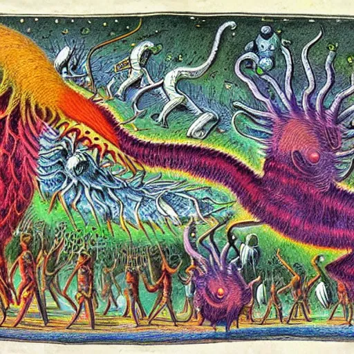 Prompt: futuristic bestiary of repressed emotion monsters and creatures starting a fiery revolution in the psyche, in the style of COdex Seraphinianus