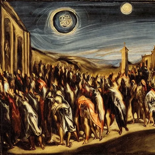 Prompt: A A Holy Week procession of souls in a Spanish landscape at night by El Greco.