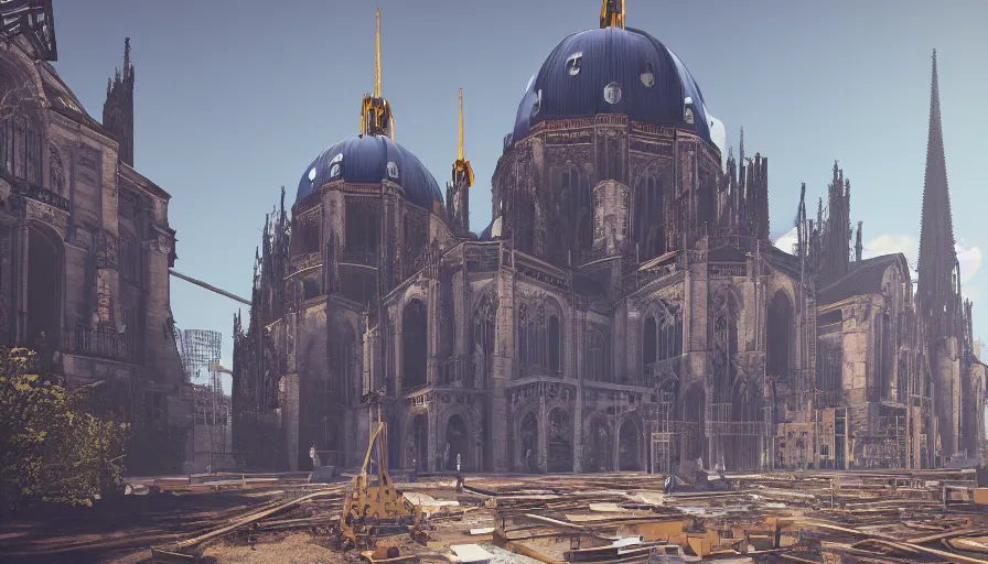 Image similar to neo - gothic berlin under construction, blue dome train station, worksite, sunny day, volumetric light, hyperdetailed, artstation, cgsociety, 8 k