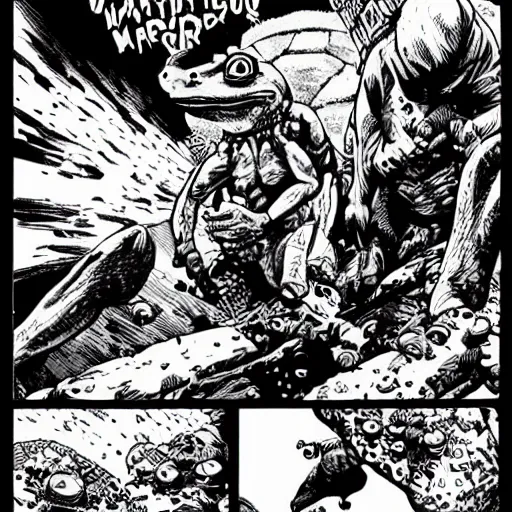 Prompt: giant mutated transfigured frog fighting mushroom warrior, black and white, graphic novel, detailed, in the style of Geoff Darrow and Frank Miller