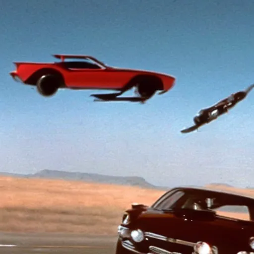 Image similar to car chased by anothrr car which is flying in the sky, movie still of James bond