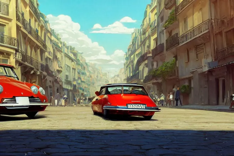 Image similar to a wholesome beautiful animation key shot of!! one!! focused!! 1 9 7 4 citroen ds!! in a paris street, medium wide shot, studio ghibli, ( pixar ) and disney animation, sharp, very detailed, high resolution, rendered in unreal engine 5, anime key art by greg rutkowski, bloom, dramatic lighting