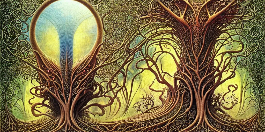 Image similar to tree of life by roger dean and andrew ferez, art forms of nature by ernst haeckel, divine chaos engine, symbolist, visionary, art nouveau, botanical fractal structures, organic, detailed, realistic, surreality