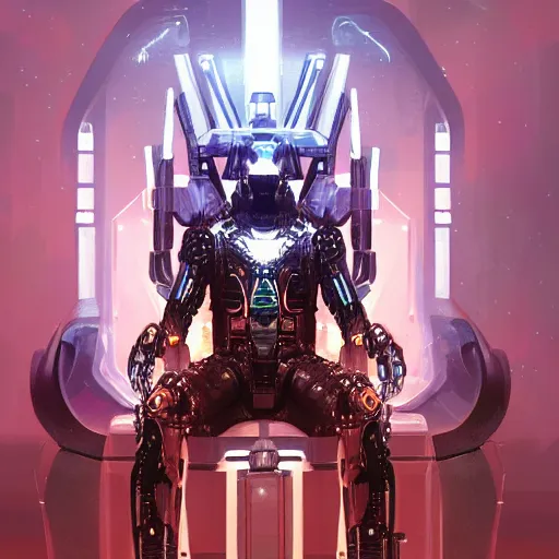 Prompt: Highly detailed digital painting of sci-fi futuristic AI king on robotic futuristic throne Trending on Artstation HQ, 4K, UHD, High quality, cyberpunk