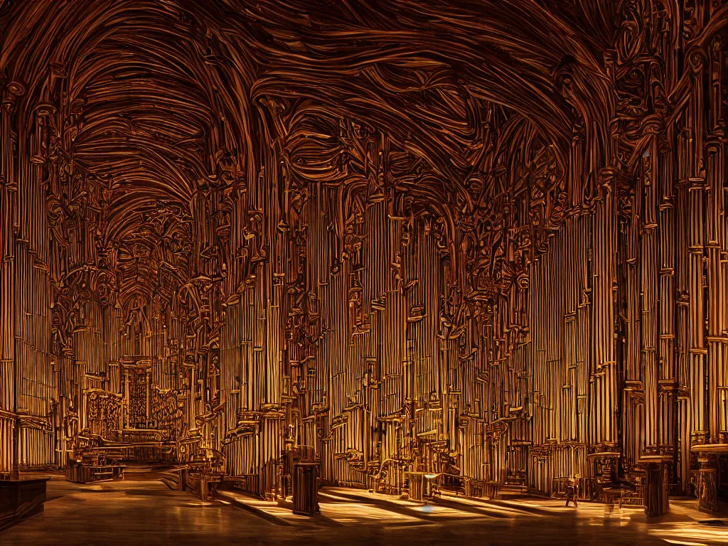 Prompt: hyper realistic photo of a million pipe organ interior volumetric lights designed by alan lee and caravaggio