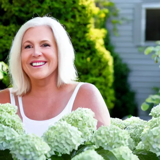 Image similar to 6 0 year old curvy blonde woman, welcoming grin, surrounded by hydrangeas, with a small white happy dog at her side, portrait, headshot, detailed, high quality