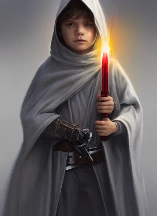 Image similar to perfectly - centered - portrait of a kid wearing grey cloak holding light saber, intricate, highly detailed, digital painting, artstation, concept art, smooth, sharp focus, illustration, unreal engine 5, 8 k, art by artgerm and greg rutkowski and alphonse mucha