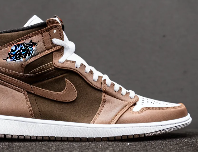 Image similar to a press photograph of nike jordan 1 mocha, size 1 0, white background