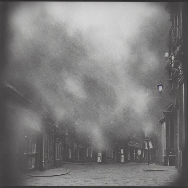 Image similar to evil eldritch smoke and tendril monsters in a typical english high street. terrified people running and screaming. polaroid. photorealistic. highly detailed